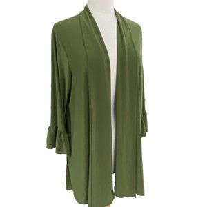 Slinky Brand Open Front Long Cardigan Olive Green Bell Sleeve Travel Boho-1XP